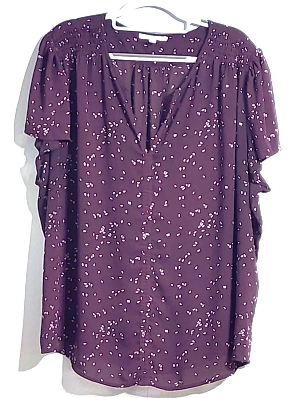 Fun 2 Fun 3X Burgundy Printed Split Neck Blouse Smocked Shoulder Top